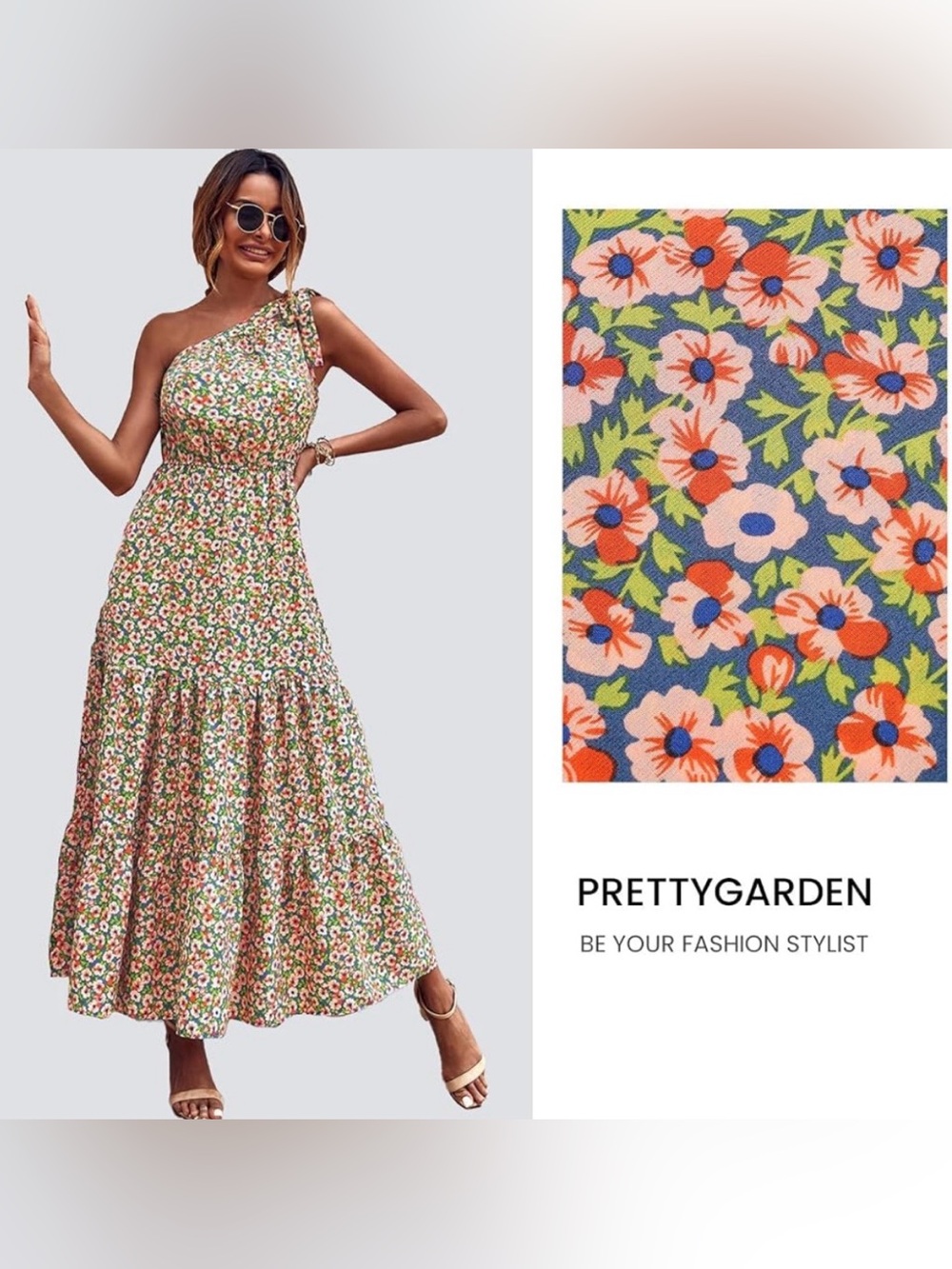 PrettyGarden One-Shoulder Floral Maxi Dress in Navy Multi